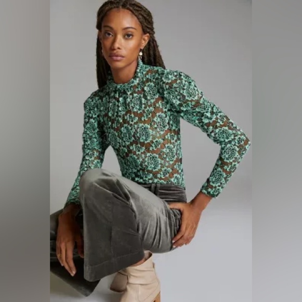 Sheer Lace Mock Neck Top green/black